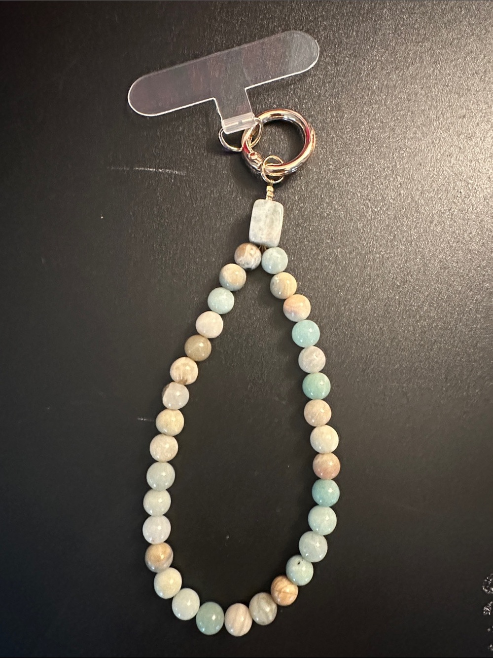 Beaded Amazonite phone charm in Pale Blue and Cream